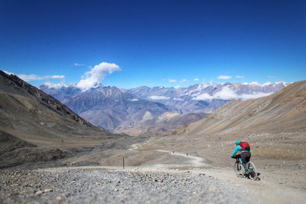Riding down from Thorong La Pass, Nepal
